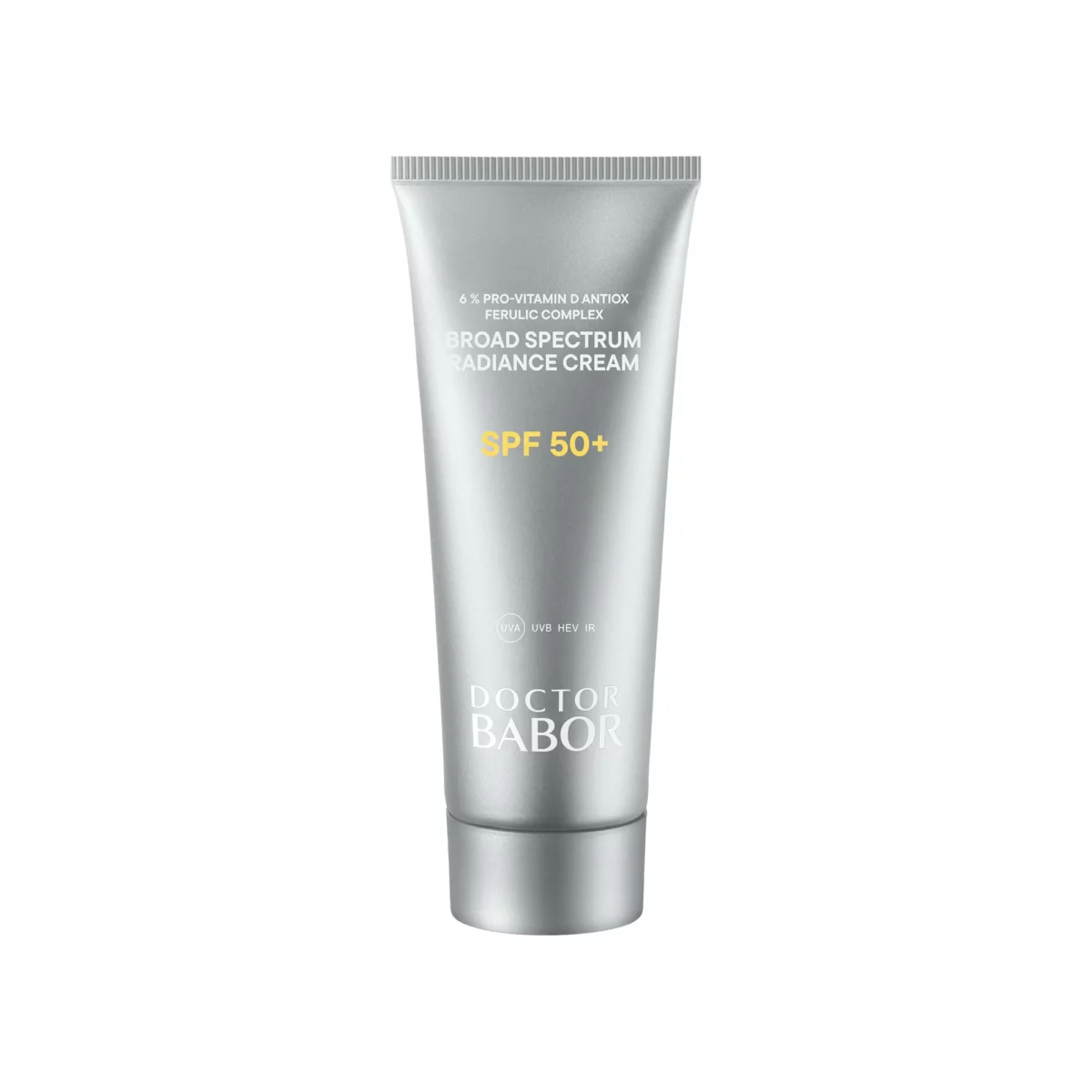 BABOR Broad Spectrum Radiance Cream SPF 50+ aus DOCTOR BABOR Solar Defense, silberne Tube mit 50 ml, Vorderseite