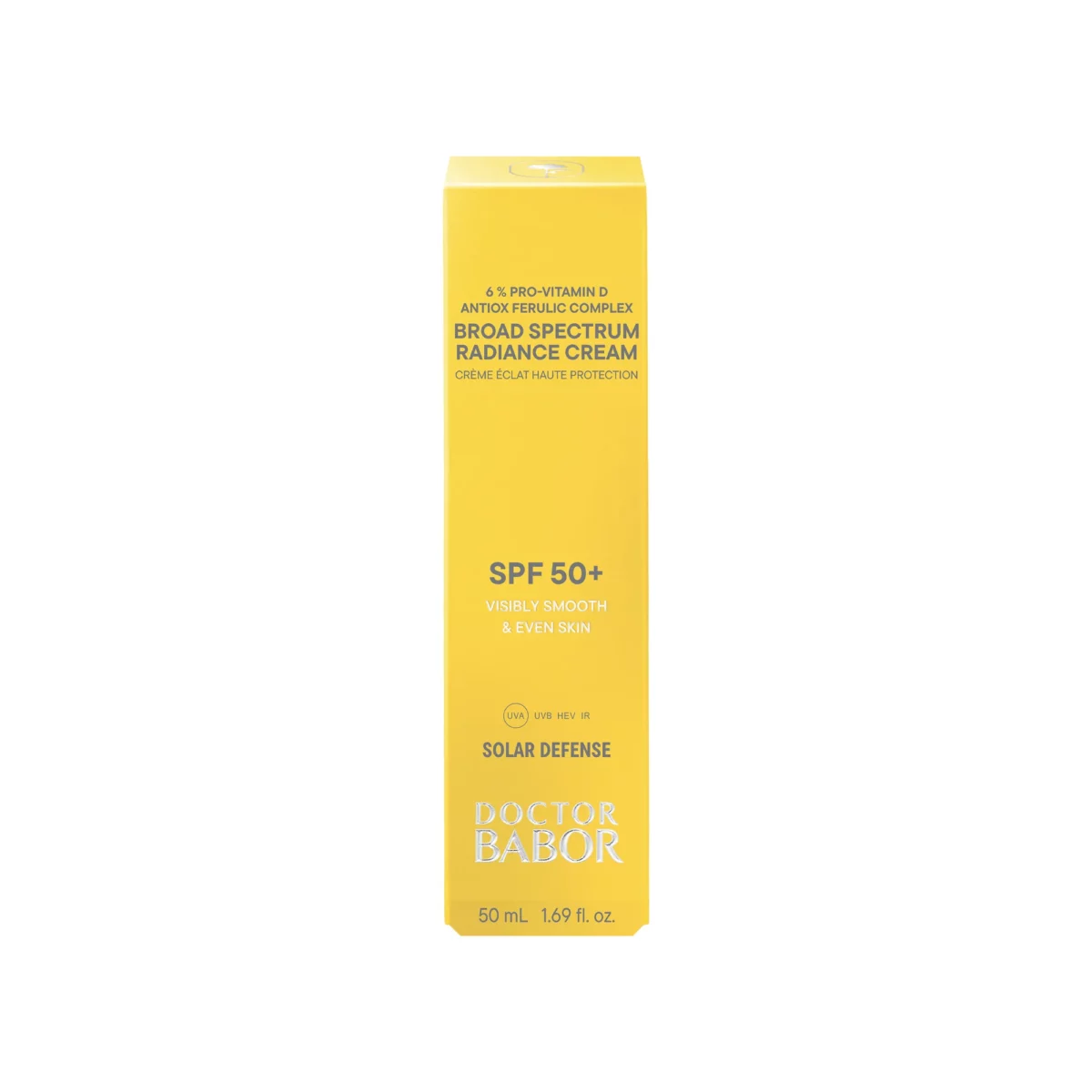 Gelbe Faltschachtel der BABOR Radiance Cream SPF 50+ mit der Aufschrift 6 % Pro-Vitamin D Antiox Ferulic Complex