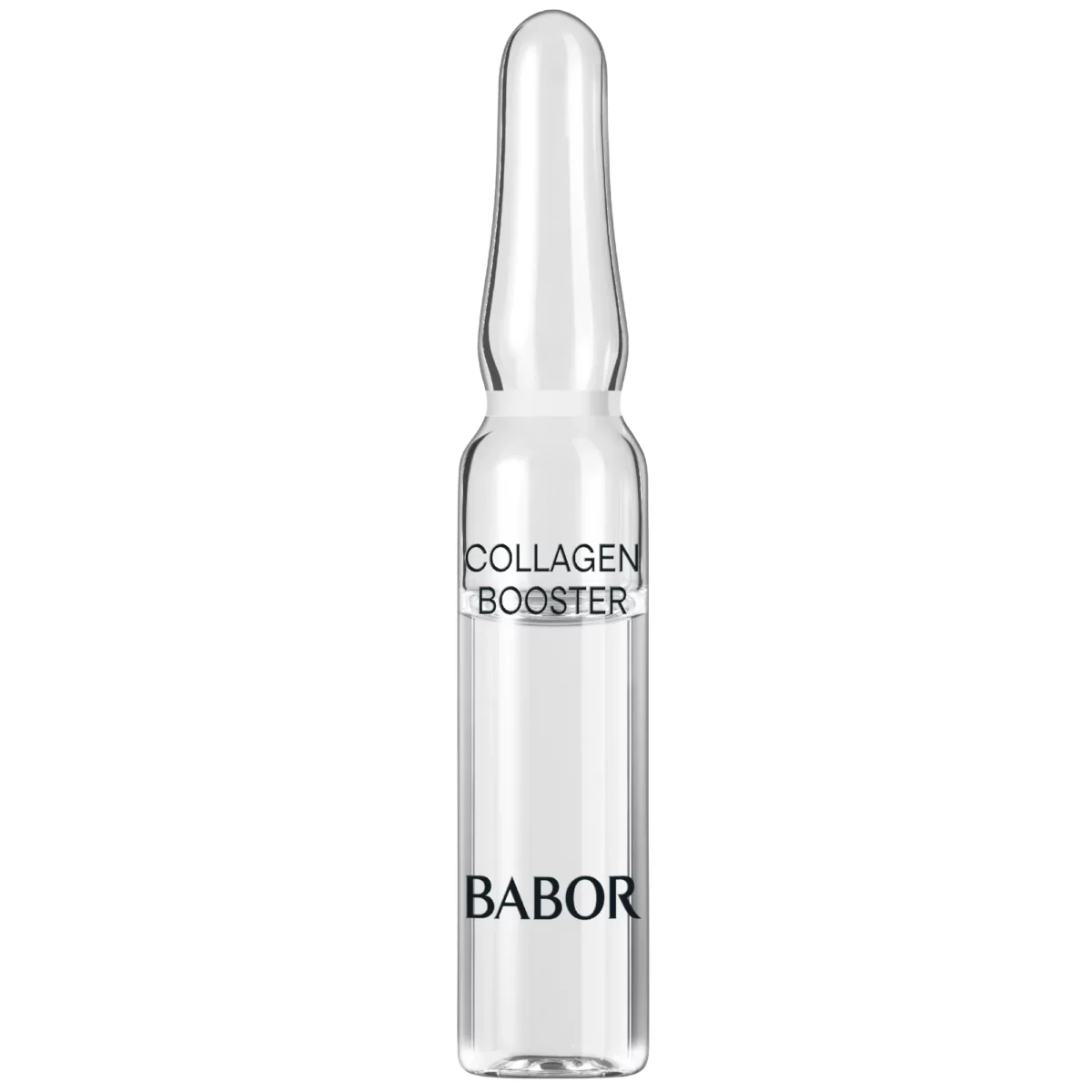 Einzelne Glasampulle BABOR Collagen Booster mit klarem Konzentrat und schwarzem Schriftzug, freigestellt