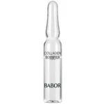 Einzelne Glasampulle BABOR Collagen Booster mit klarem Konzentrat und schwarzem Schriftzug, freigestellt