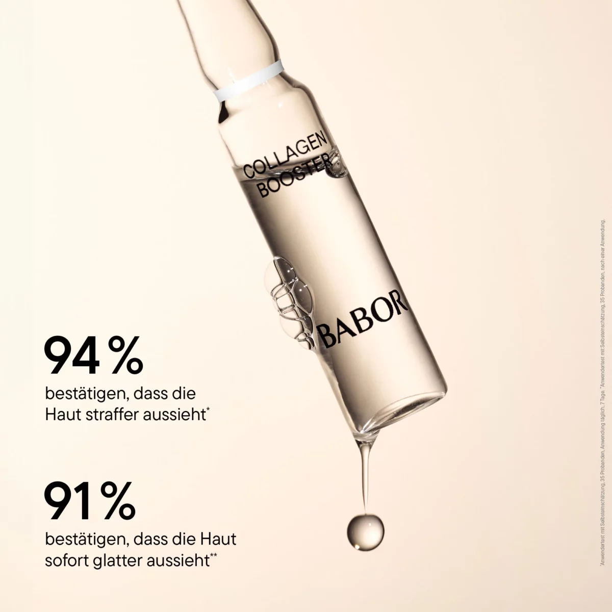 Infografik BABOR Collagen Booster mit tropfender Ampulle: 94 % sehen straffere Haut, 91 % sofort glattere