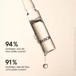 Infografik BABOR Collagen Booster mit tropfender Ampulle: 94 % sehen straffere Haut, 91 % sofort glattere
