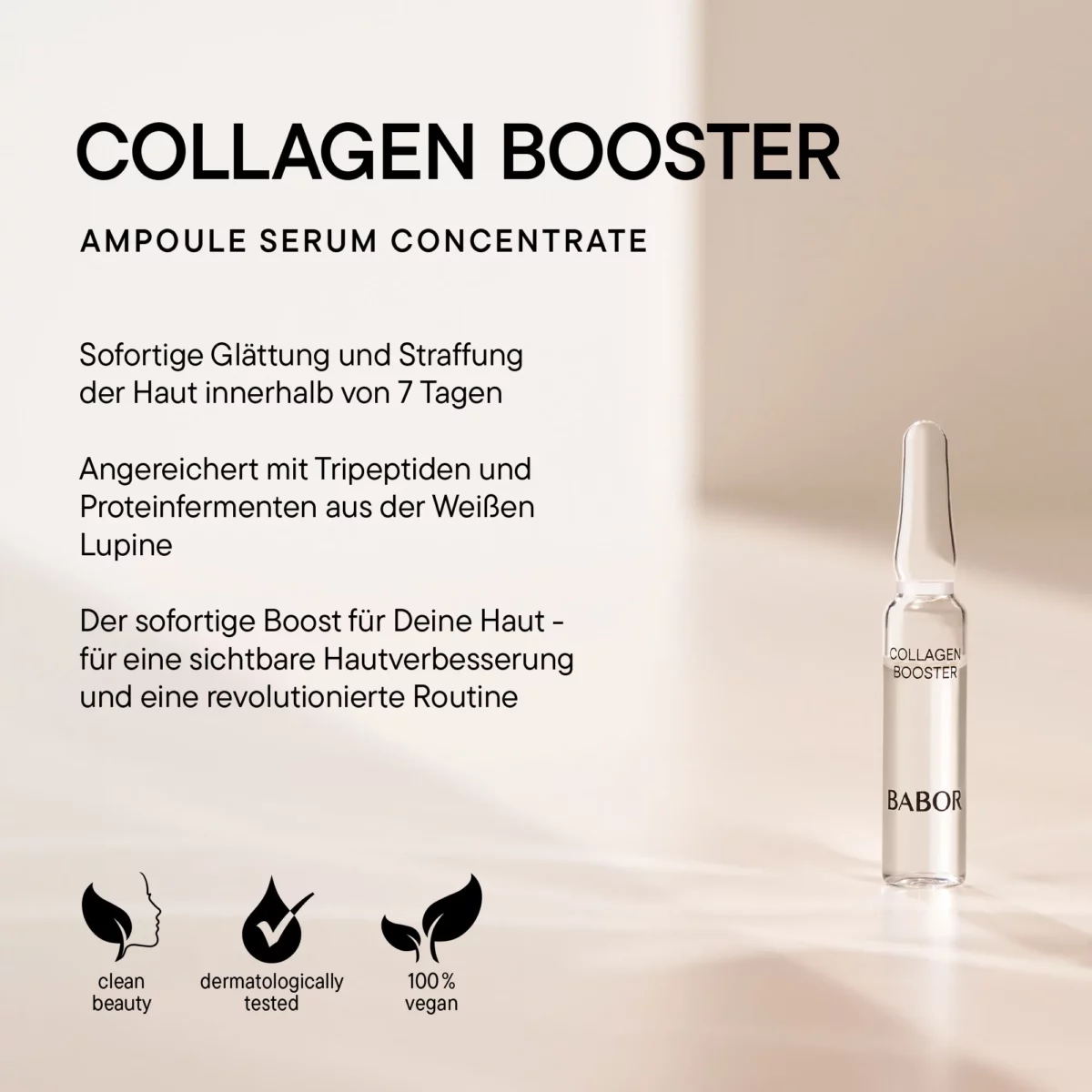 Infografik BABOR Collagen Booster mit Ampulle: Glättung und Straffung in 7 Tagen, Symbole Clean Beauty, vegan