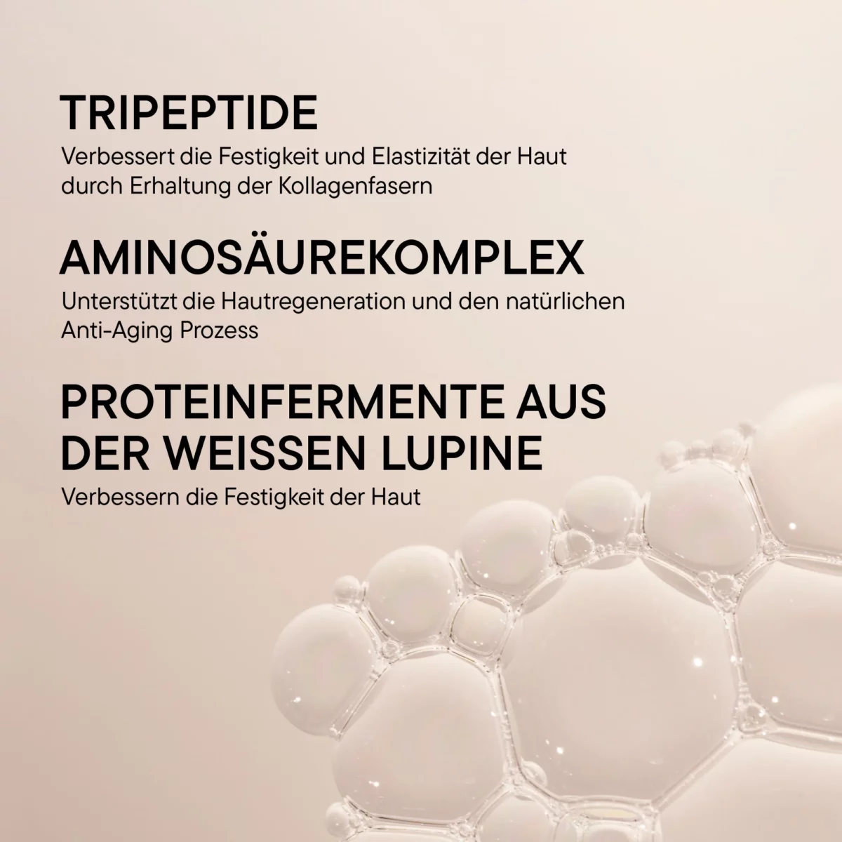 Infografik Wirkstoffe BABOR Collagen Booster: Tripeptide, Aminosäurekomplex und Proteinfermente aus Lupine