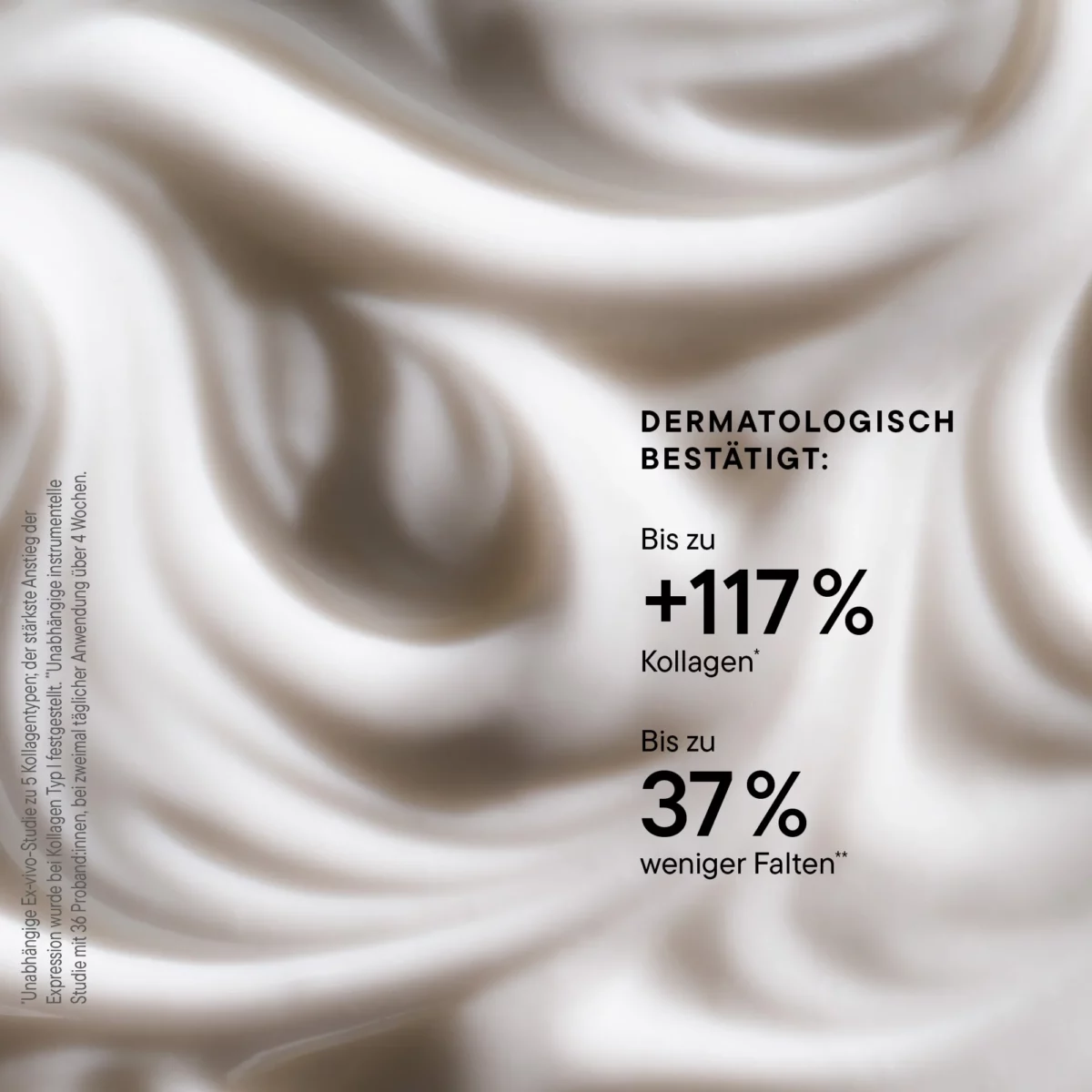 Infografik BABOR Collagen-Peptide Booster Cream auf Cremetextur: bis zu 117 % Kollagen, 37 % weniger Falten