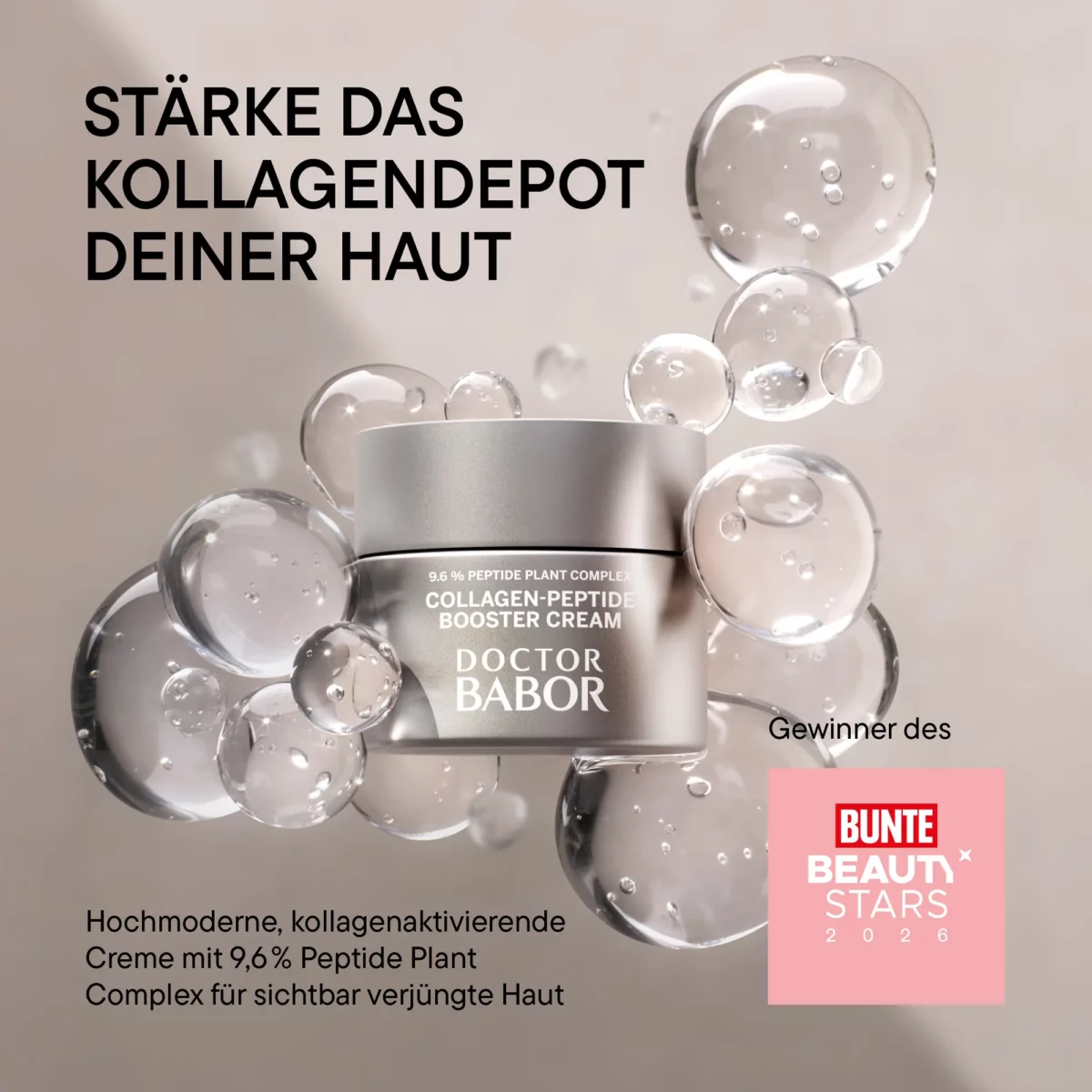 BABOR Collagen-Peptide Booster Cream zwischen Wasserblasen, Text Stärke das Kollagendepot deiner Haut
