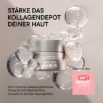 BABOR Collagen-Peptide Booster Cream zwischen Wasserblasen, Text Stärke das Kollagendepot deiner Haut