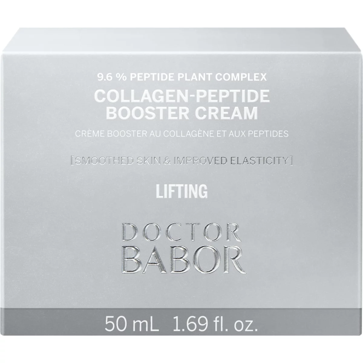 Silberne Faltschachtel der BABOR Collagen-Peptide Booster Cream mit Aufschrift 9.6 % Peptide Plant Complex