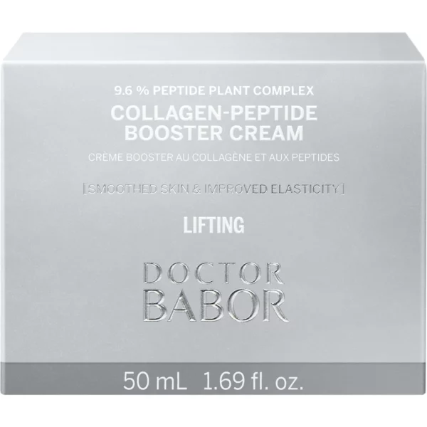 Silberne Faltschachtel der BABOR Collagen-Peptide Booster Cream mit Aufschrift 9.6 % Peptide Plant Complex