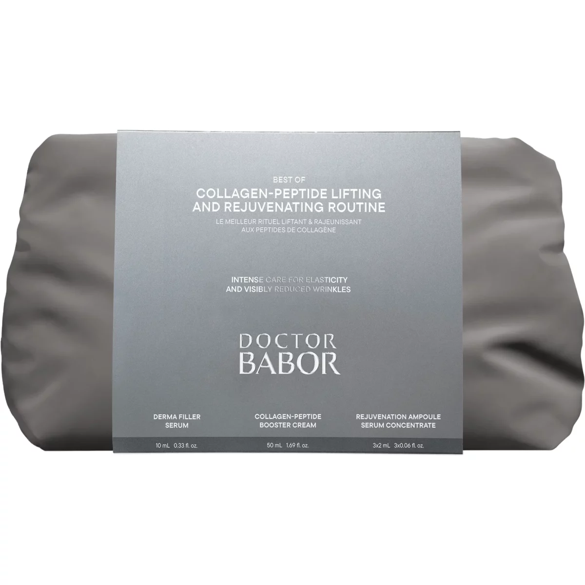BABOR Collagen-Peptide Lifting & Rejuvenating Routine in grauer Kosmetiktasche mit Banderole der Linie DOCTOR BABOR