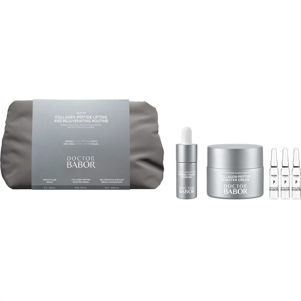 Set-Inhalt der BABOR Collagen-Peptide Routine: Kosmetiktasche, Derma Filler Serum, Booster Cream und drei Ampullen