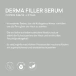 Infografik BABOR Derma Filler Serum auf Grau: Kollagensynthese, Hyaluronsäure, Symbole Clean Beauty und vegan