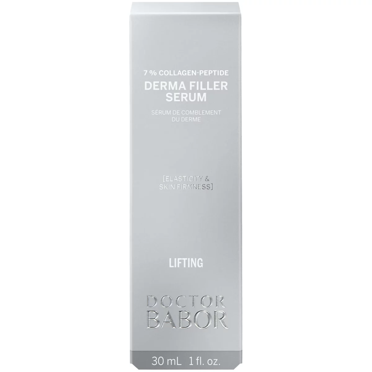 Silberne Faltschachtel des BABOR Derma Filler Serum mit der Aufschrift 7 % Collagen-Peptide, 30 ml