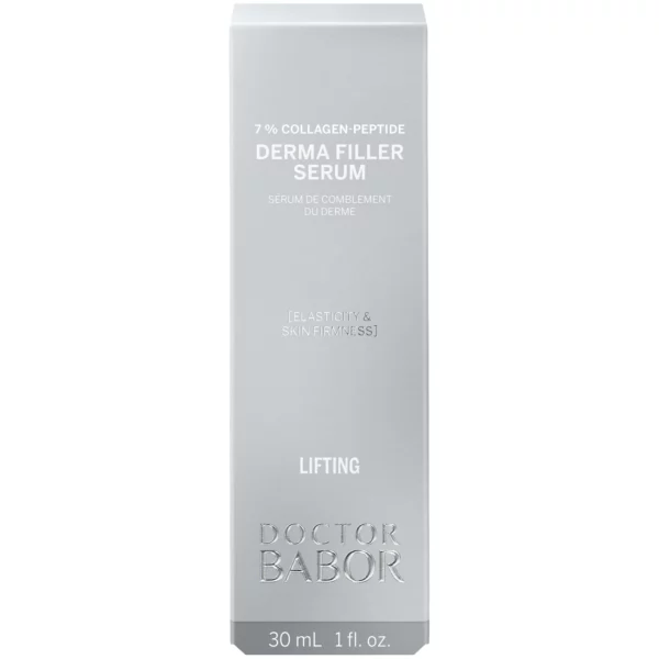 Silberne Faltschachtel des BABOR Derma Filler Serum mit der Aufschrift 7 % Collagen-Peptide, 30 ml