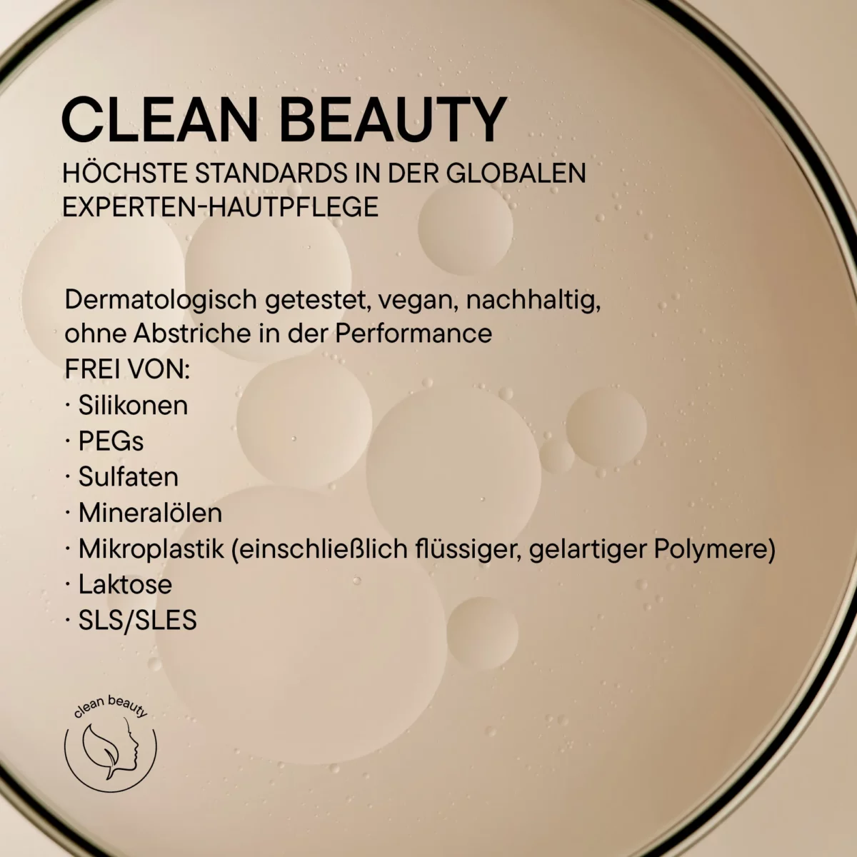 Infografik Clean Beauty zur BABOR Dual Eye Solution: vegan, ohne Silikone, PEGs, Sulfate, Mineralöle und Mikroplastik
