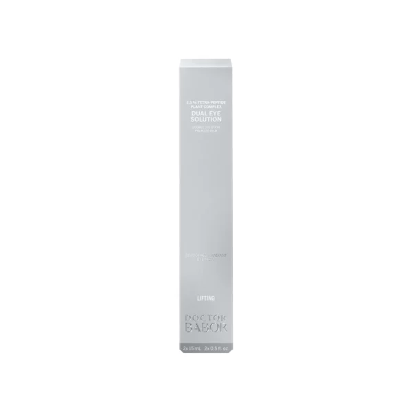Silbergraue Faltschachtel der BABOR Dual Eye Solution mit 2,5 % Tetra-Peptide Plant Complex und 2 x 15 ml