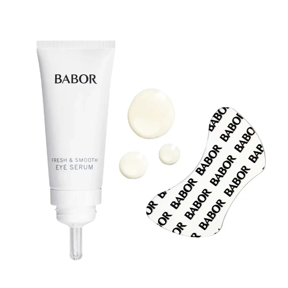 BABOR Fresh & Smooth Eye Serum in weisser Tube mit Serumtropfen und Augenpatch aus Silikon mit Logo