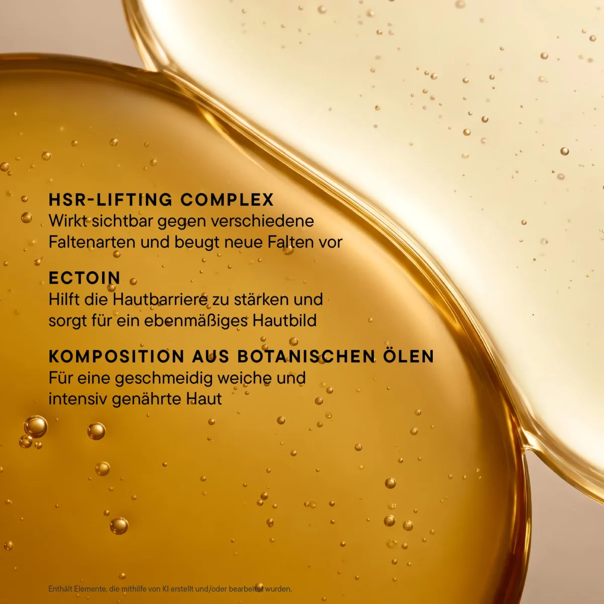 Infografik zum BABOR HSR Bi-Phase Face Oil mit HSR-Lifting-Komplex, Ectoin und botanischen Ölen auf goldenem Öl