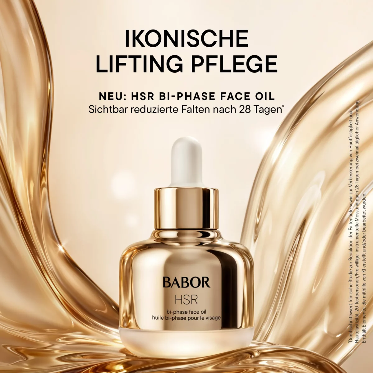 BABOR HSR Bi-Phase Face Oil zwischen goldenen Ölwellen, Kampagnenbild mit dem Titel Ikonische Lifting Pflege