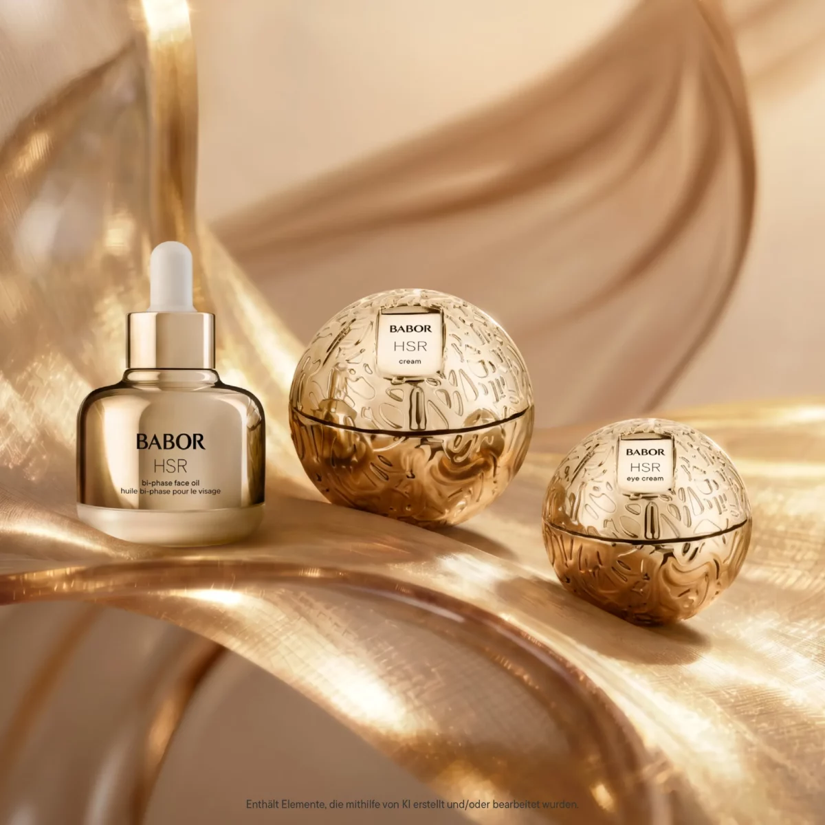 BABOR HSR Bi-Phase Face Oil neben zwei goldenen kugelförmigen HSR Lifting Tiegeln auf goldenem Stoff