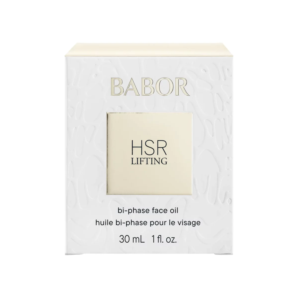 Weisse Faltschachtel des BABOR HSR Lifting Bi-Phase Face Oil mit Reliefmuster und Inhaltsangabe 30 ml