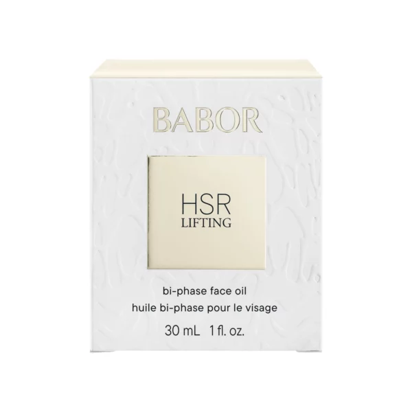 Weisse Faltschachtel des BABOR HSR Lifting Bi-Phase Face Oil mit Reliefmuster und Inhaltsangabe 30 ml