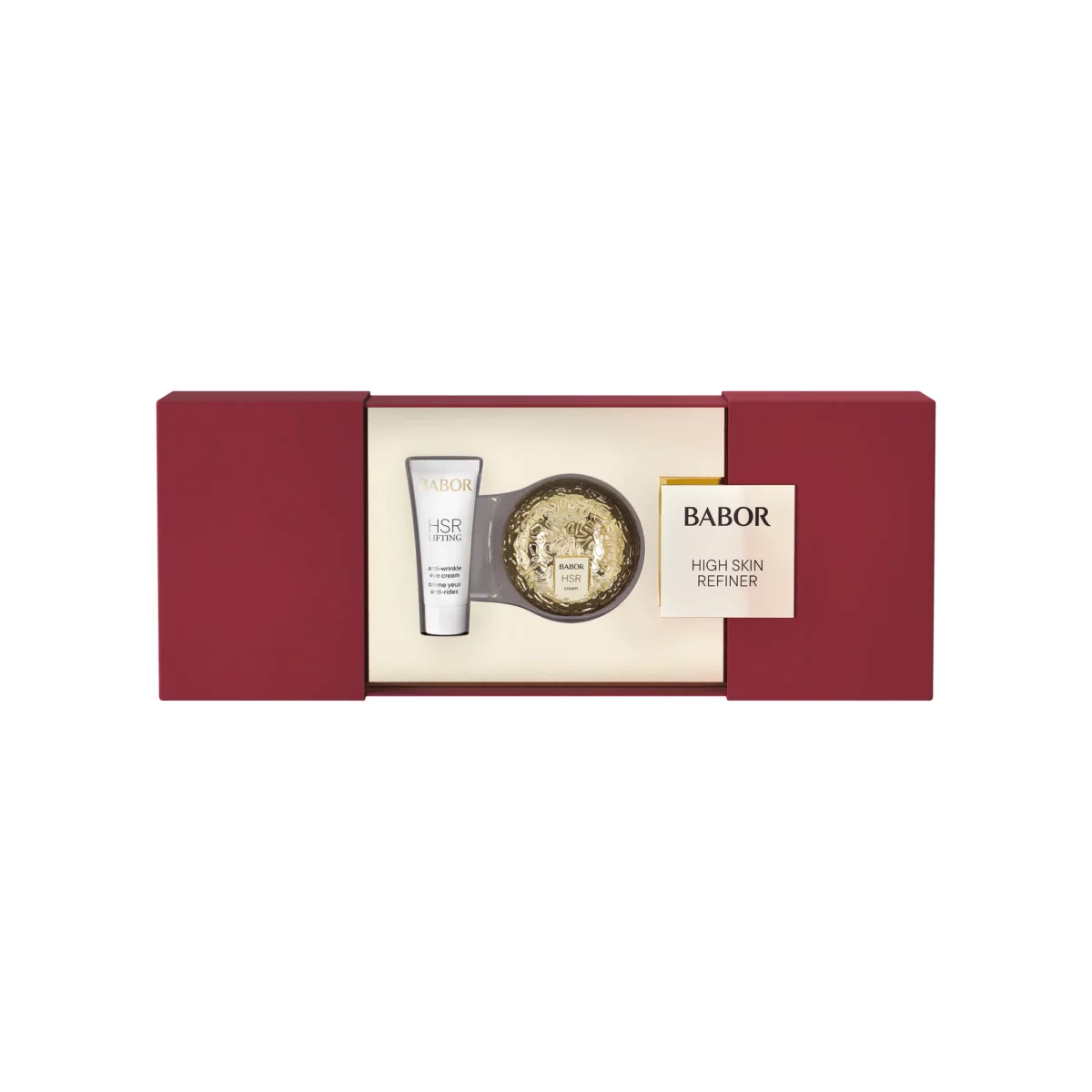 Geöffnetes BABOR HSR Lifting Gifting Set mit goldenem Cremetiegel 50 ml und Augencreme-Tube 10 ml