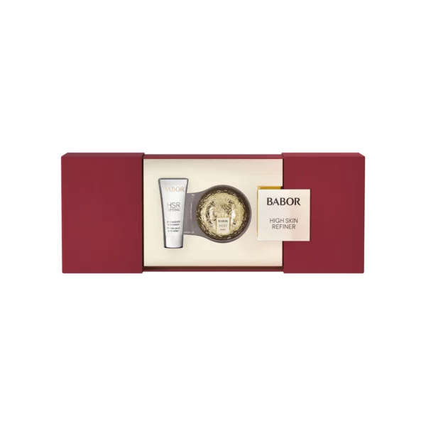 Geöffnetes BABOR HSR Lifting Gifting Set mit goldenem Cremetiegel 50 ml und Augencreme-Tube 10 ml