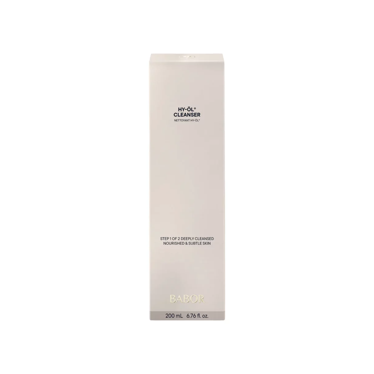 Faltschachtel des BABOR HY-ÖL Cleanser mit dem Hinweis Step 1 of 2 Deeply Cleansed und 200 ml