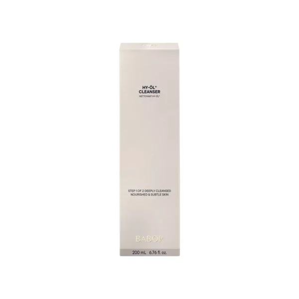 Faltschachtel des BABOR HY-ÖL Cleanser mit dem Hinweis Step 1 of 2 Deeply Cleansed und 200 ml