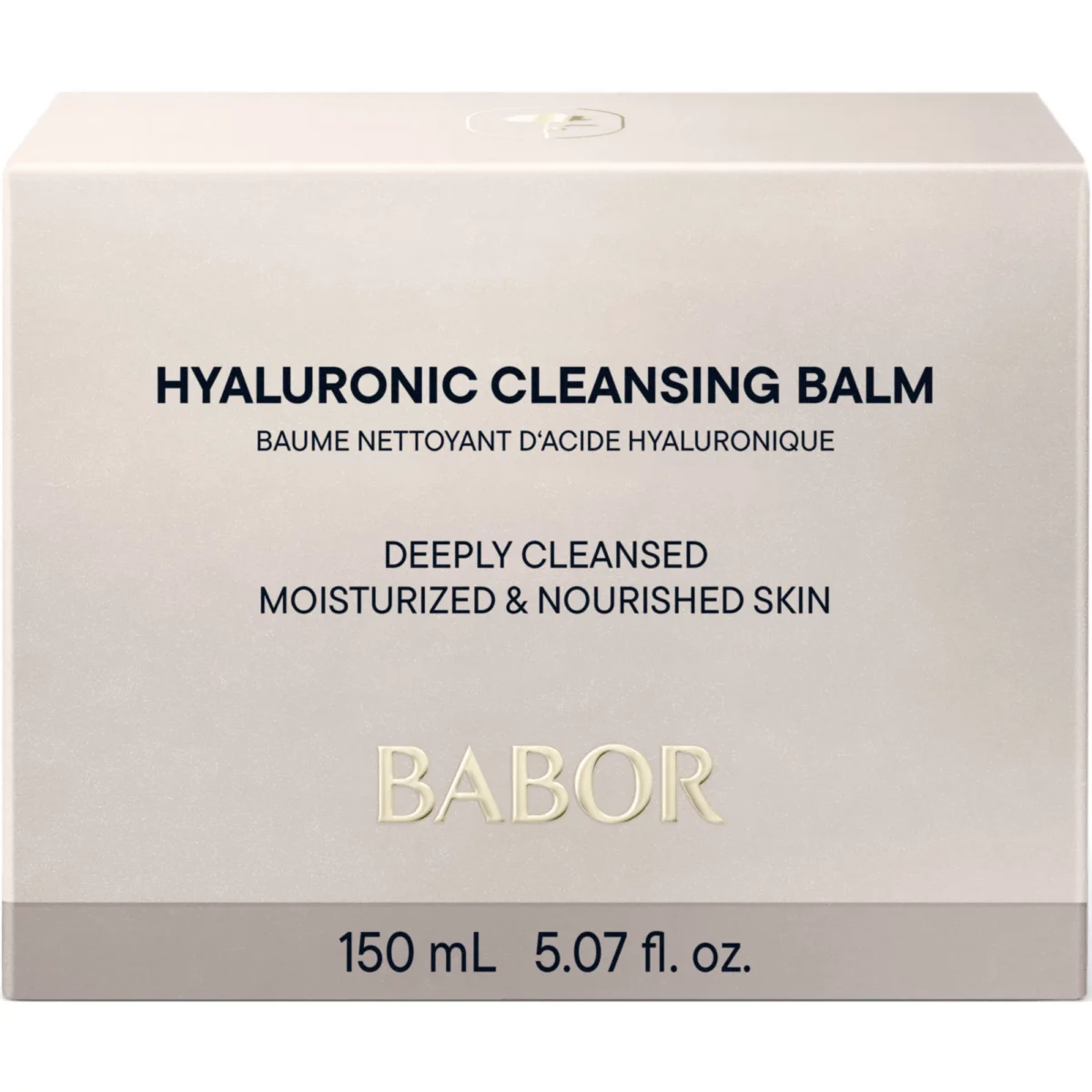 Faltschachtel des BABOR Hyaluronic Cleansing Balm in Beige mit der Aufschrift Deeply Cleansed, 150 ml