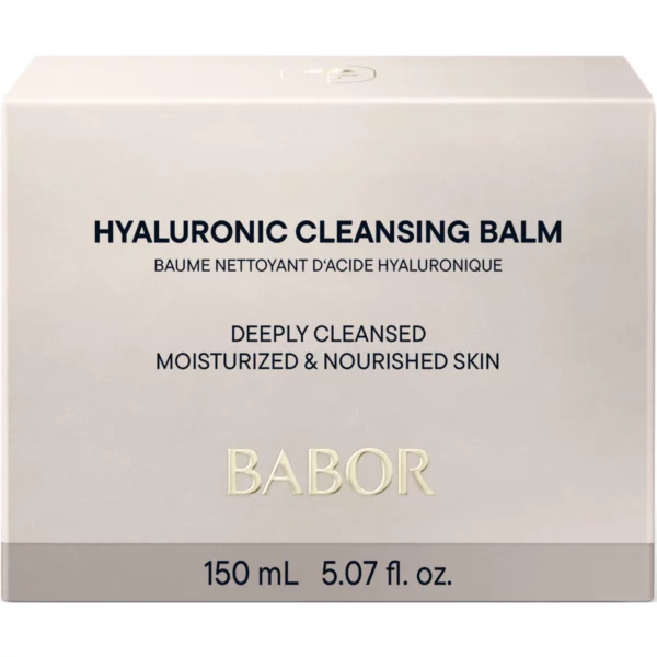 Faltschachtel des BABOR Hyaluronic Cleansing Balm in Beige mit der Aufschrift Deeply Cleansed, 150 ml