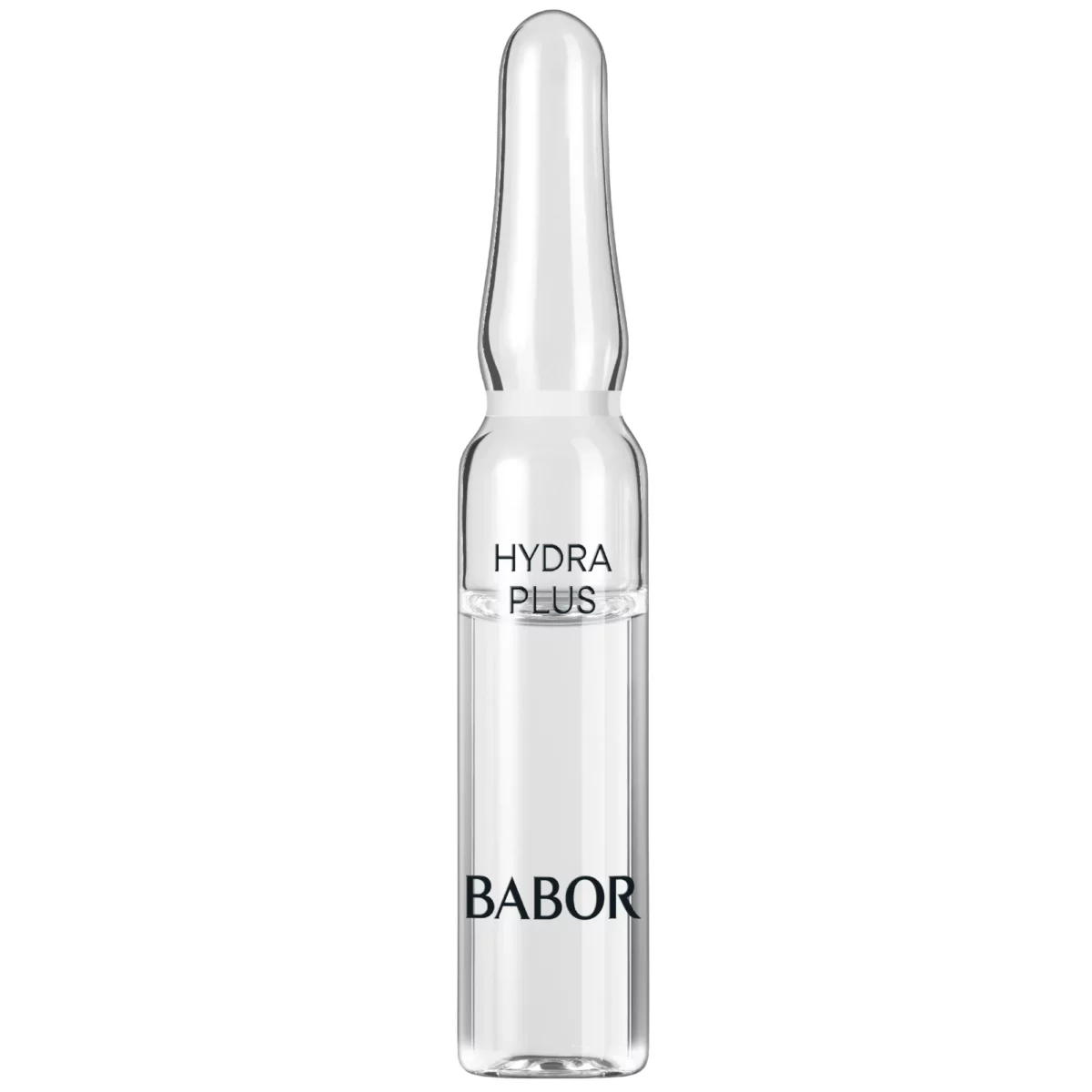 Einzelne Glasampulle BABOR Hydra Plus mit klarem Feuchtigkeitskonzentrat und schwarzem Schriftzug