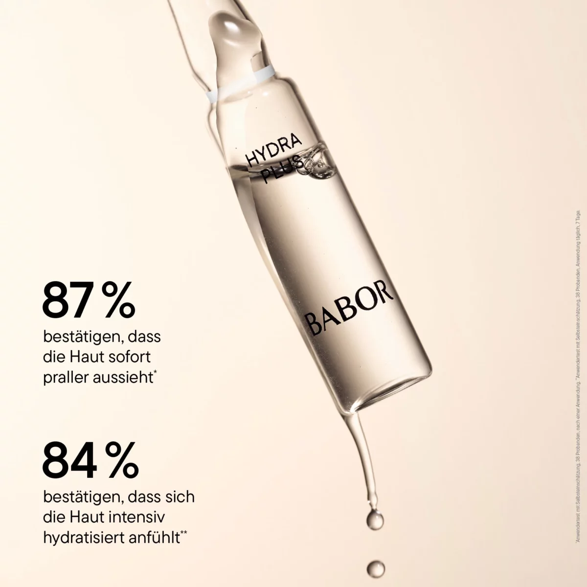 Infografik BABOR Hydra Plus mit tropfender Ampulle: 87 % sehen sofort prallere Haut, 84 % mehr Feuchtigkeit