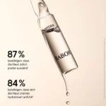 Infografik BABOR Hydra Plus mit tropfender Ampulle: 87 % sehen sofort prallere Haut, 84 % mehr Feuchtigkeit