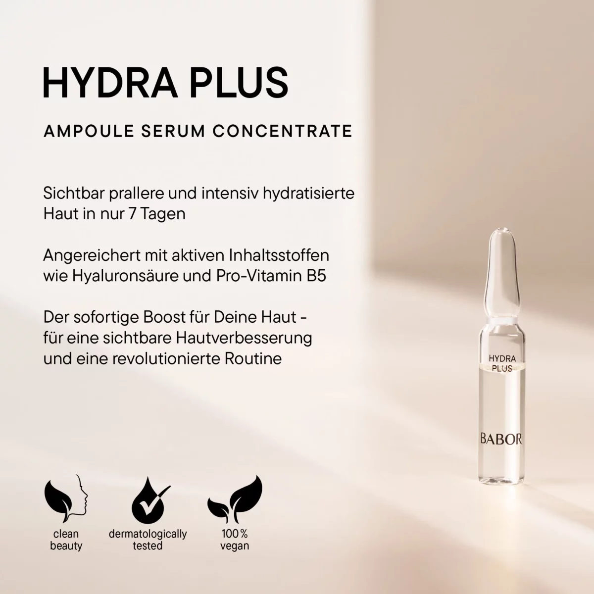 Infografik BABOR Hydra Plus mit Ampulle: prallere Haut in 7 Tagen, Symbole Clean Beauty, getestet und vegan