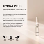 Infografik BABOR Hydra Plus mit Ampulle: prallere Haut in 7 Tagen, Symbole Clean Beauty, getestet und vegan