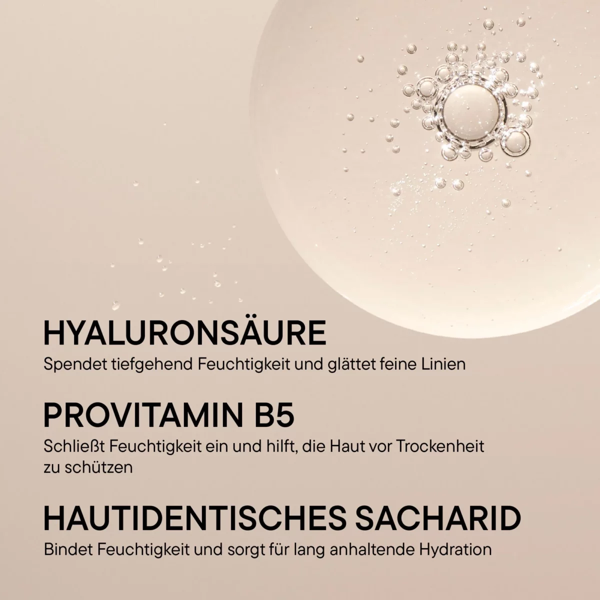 Infografik Wirkstoffe BABOR Hydra Plus: Hyaluronsäure, Provitamin B5 und hautidentisches Saccharid