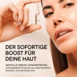 Frau hält eine BABOR Hydra Plus Ampulle neben ihr Gesicht, Text Der sofortige Boost für deine Haut