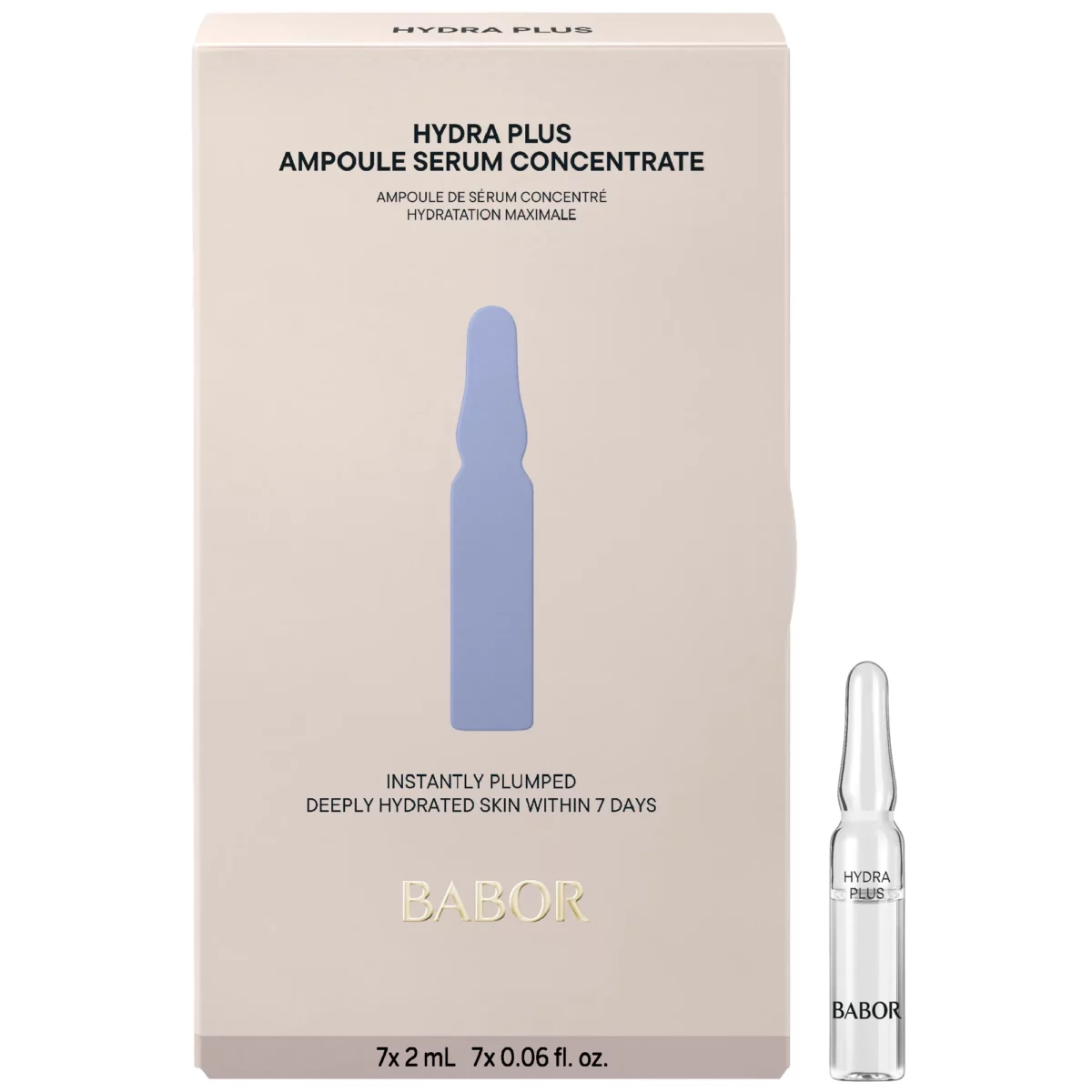 BABOR Hydra Plus Ampoule Serum Concentrate: Faltschachtel 7 x 2 ml mit blauer Grafik und Ampulle daneben