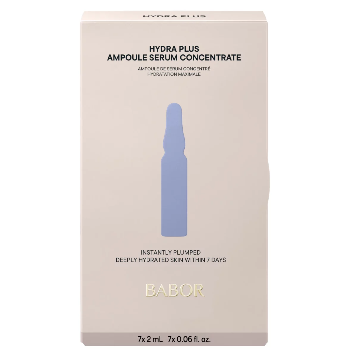 Faltschachtel BABOR Hydra Plus Ampoule Serum Concentrate in Beige mit blauer Ampullengrafik, Vorderseite