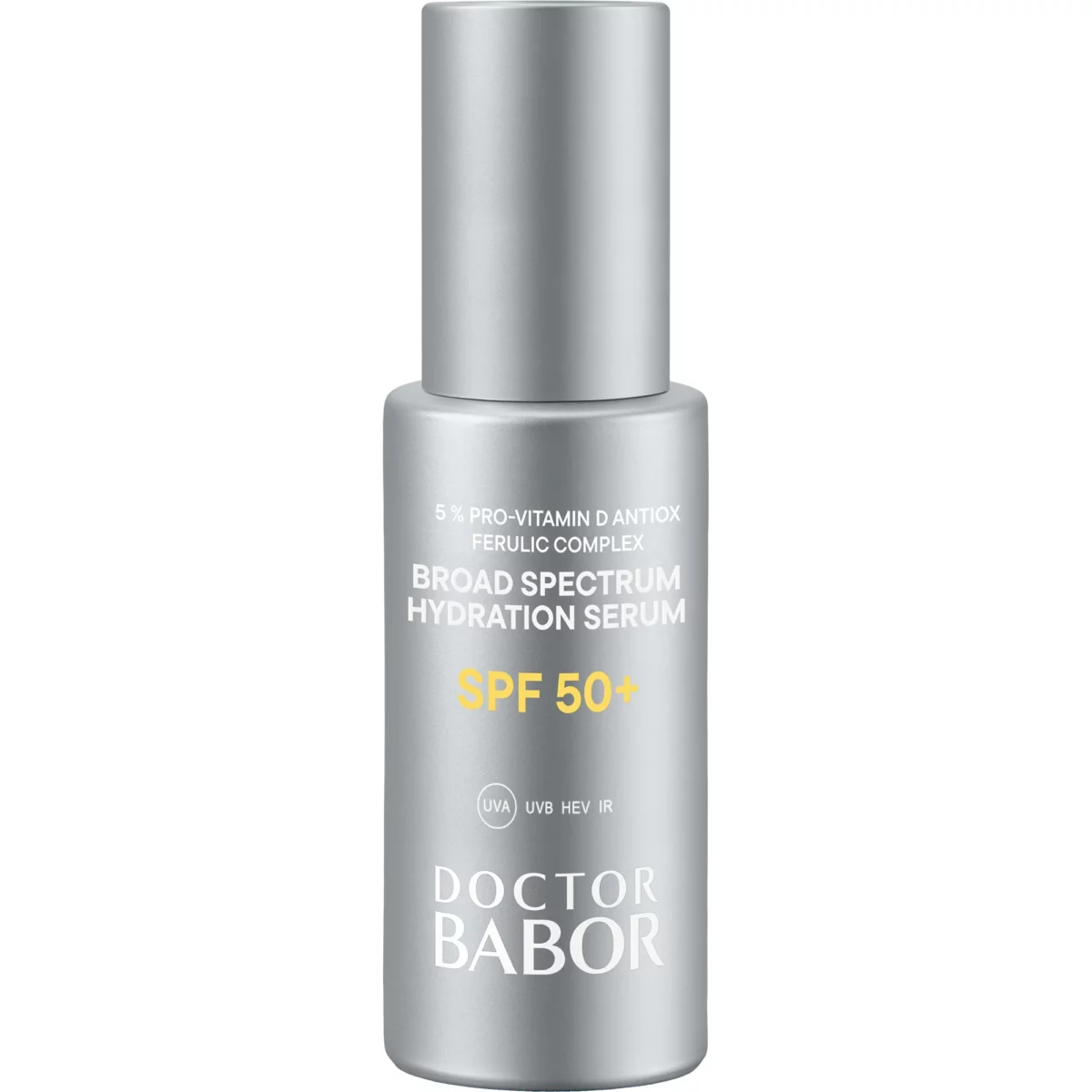 BABOR Broad Spectrum Hydration Serum SPF 50+ in silberner 30-ml-Flasche mit gelber Schrift, Vorderseite