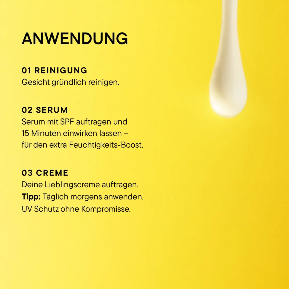 Infografik Anwendung BABOR Hydration Serum SPF 50+: reinigen, Serum 15 Minuten einwirken lassen, Creme