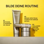 Infografik Routine mit BABOR SPF 50+ Serum: Reinigungsbalsam, Hydration Serum und Booster Cream auf Gelb
