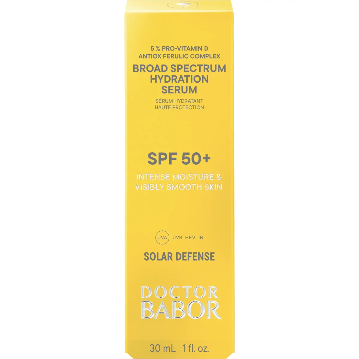 Gelbe Faltschachtel des BABOR Broad Spectrum Hydration Serum SPF 50+ aus der Linie Solar Defense