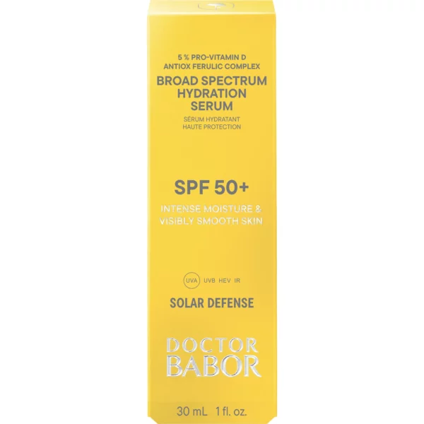 Gelbe Faltschachtel des BABOR Broad Spectrum Hydration Serum SPF 50+ aus der Linie Solar Defense