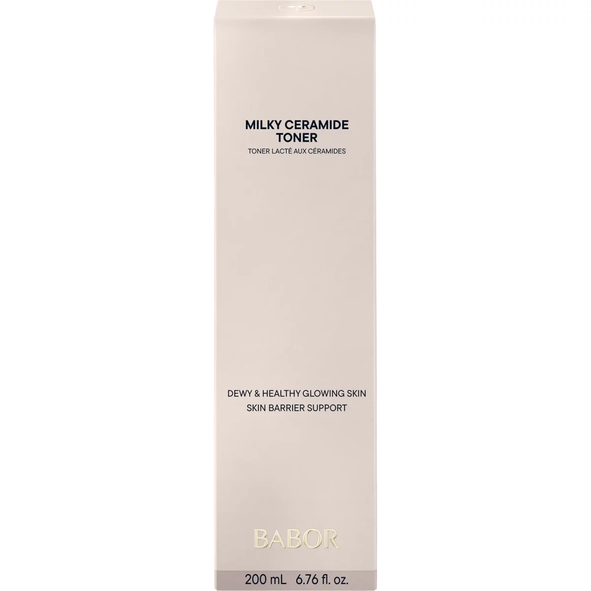 Schlanke Faltschachtel des BABOR Milky Ceramide Toner in Hellbeige, 200 ml, Vorderseite der Verpackung