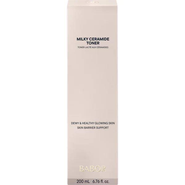 Schlanke Faltschachtel des BABOR Milky Ceramide Toner in Hellbeige, 200 ml, Vorderseite der Verpackung