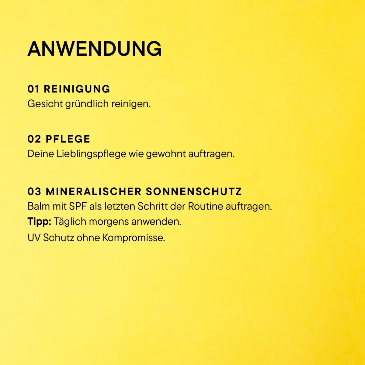 Infografik zur Anwendung des BABOR Mineral Invisible Balm SPF 30: Reinigung, Pflege, dann mineralischer Sonnenschutz