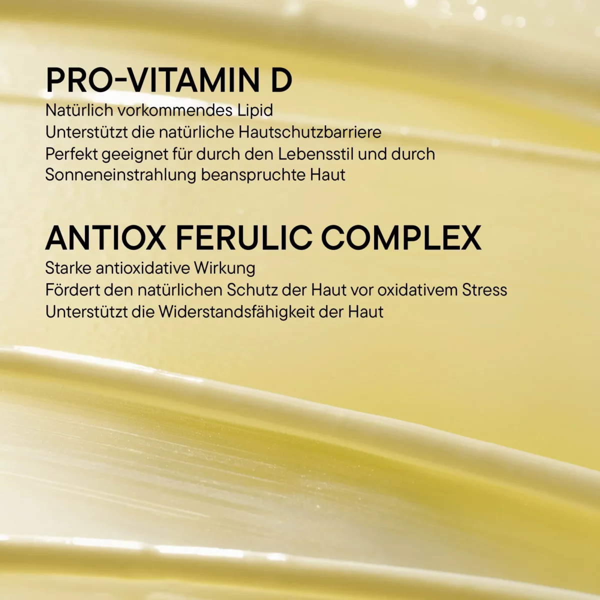 Infografik BABOR Mineral Invisible Balm SPF 30 zu Pro-Vitamin D und Antiox Ferulic Complex auf gelber Textur